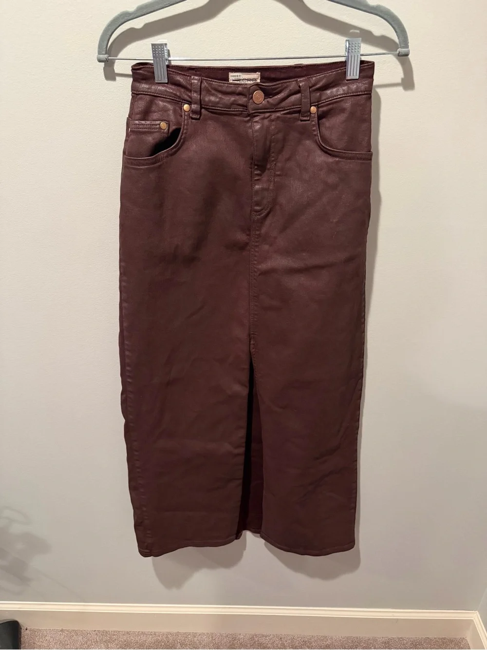 Pilcro Anthropologie Brown Coated Denim Maxi Skirt Size 6 - Picture 8 of 8